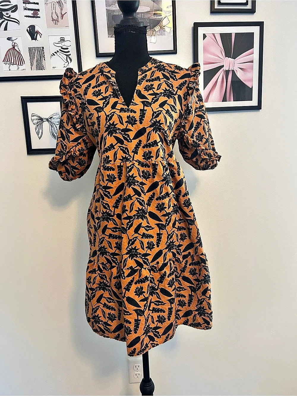 Floral Mini Dress in Rust Orange & Black